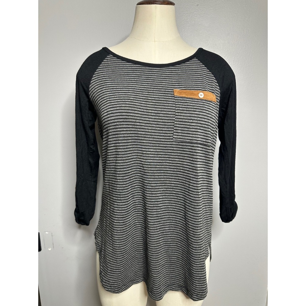 Staccato Striped Raglan Top Black Grey Roll Tab Sleeve Faux Suede Accent Small
